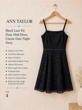 Ann Taylor Black Lace Fit Flare Midi Dress Classic Date Night Party Size 4